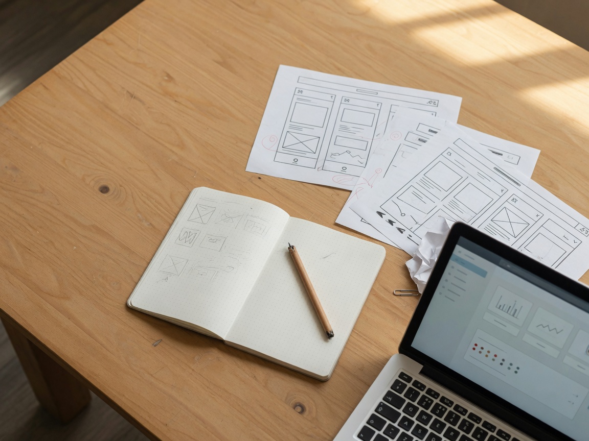 Planning table with notebooks and wireframes in the Junkeysoft studio